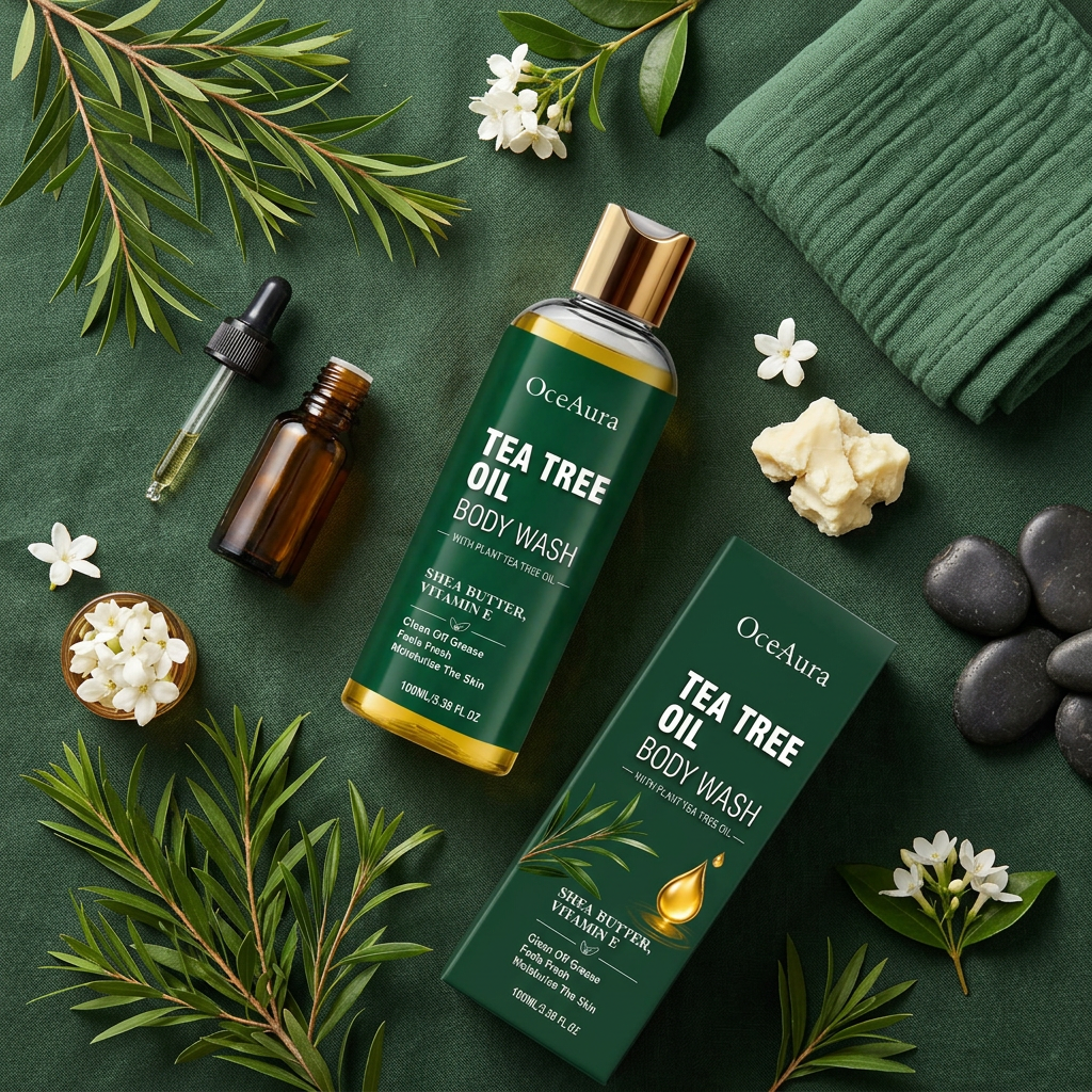 OceAura Tea Tree Body Wash — Dark Green Linen Flat Lay