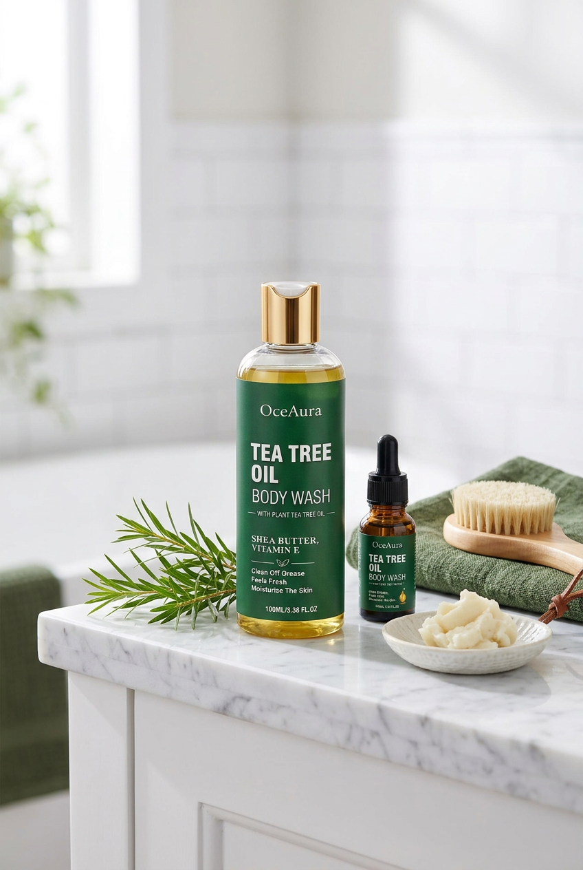 OceAura Tea Tree Body Wash — White Marble Bathroom Lifestyle