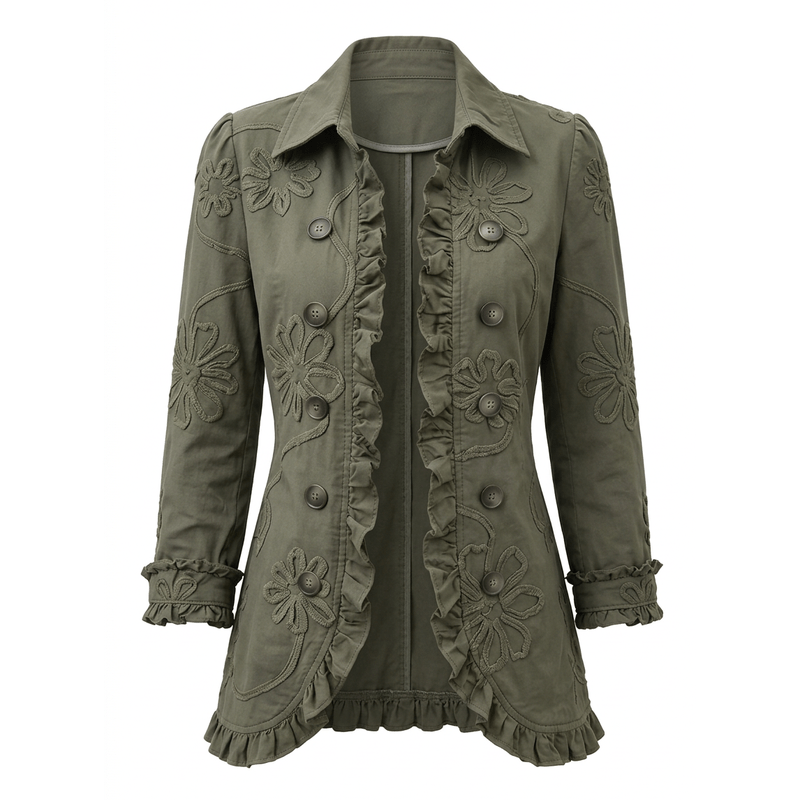 Olive ruffled blazer white background
