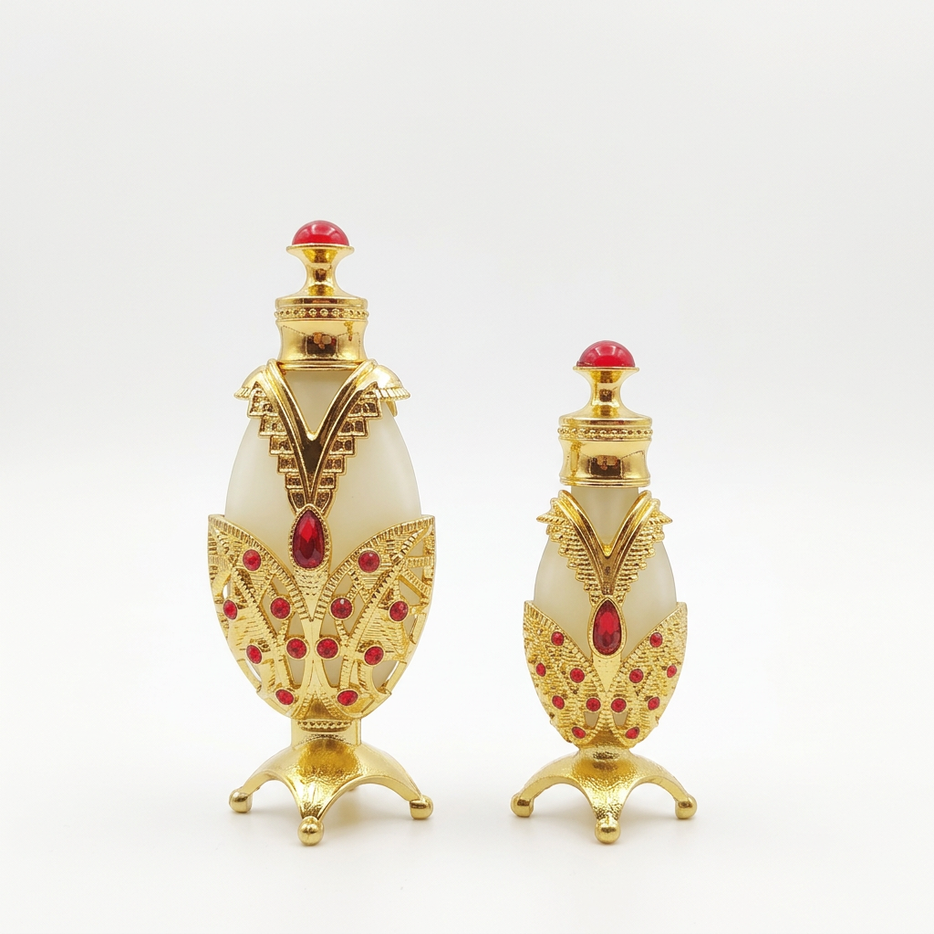 Ornate perfume bottles side-by-side on white