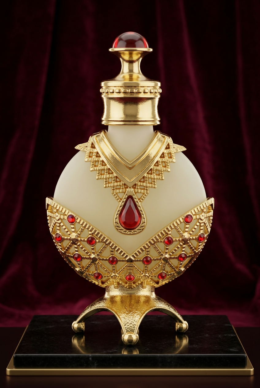 Ornate perfume oil bottle cinematic gold-and-burgundy hero