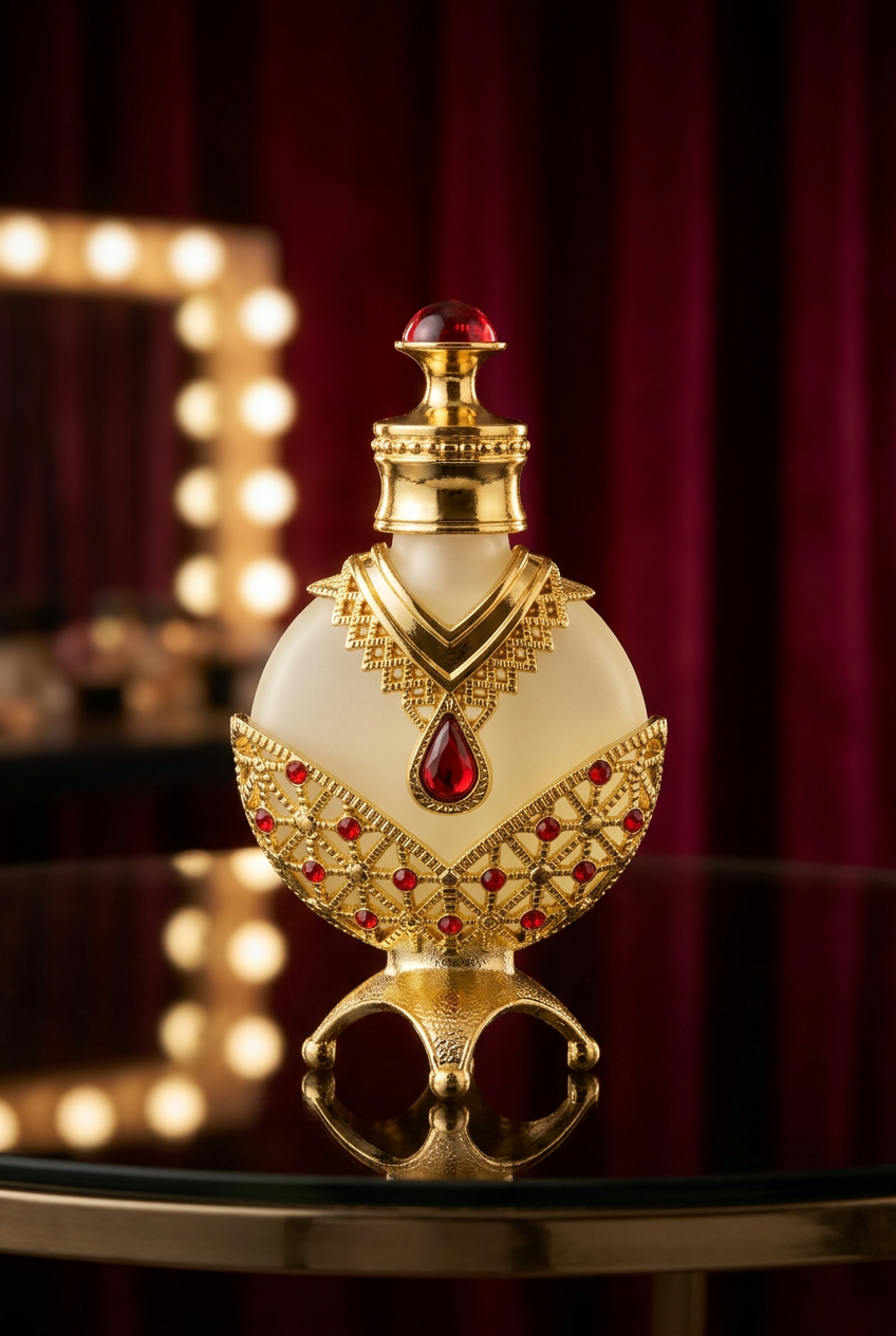 Ornate perfume oil bottle in a Hollywood vanity setting