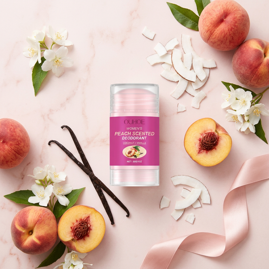 OUHOE Peach Deodorant — Blush Pink Ingredient Flat Lay