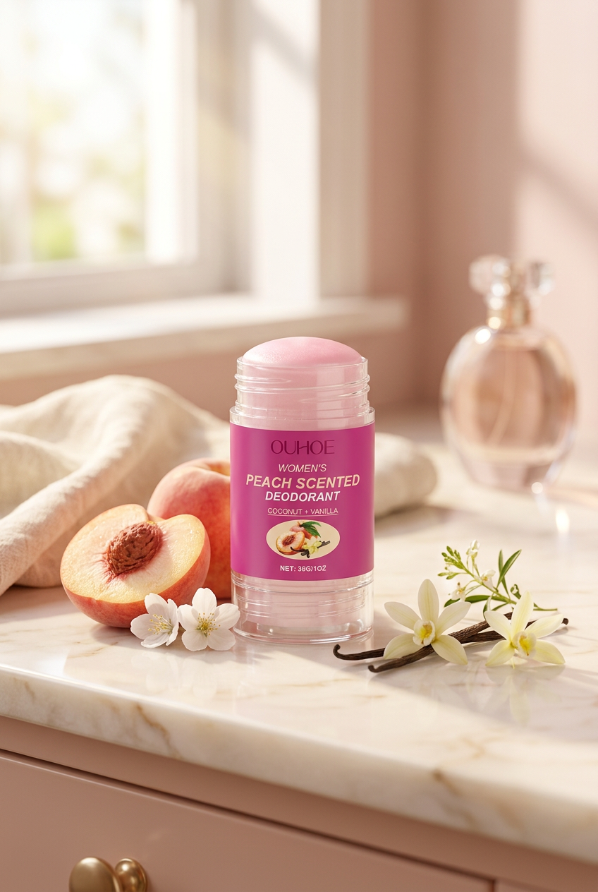 OUHOE Peach Deodorant — Pink Vanity Lifestyle Shot