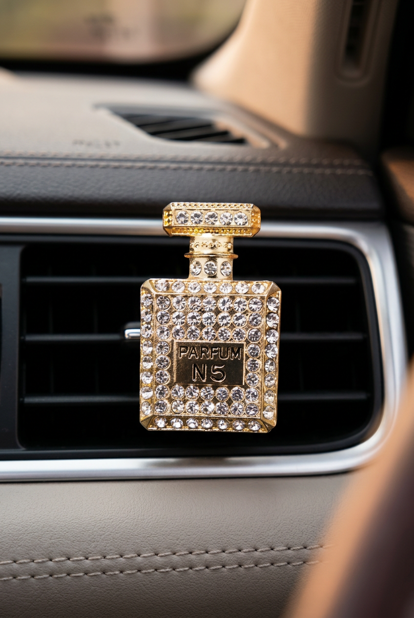 Perfume-shaped ornament mounted on a black car vent