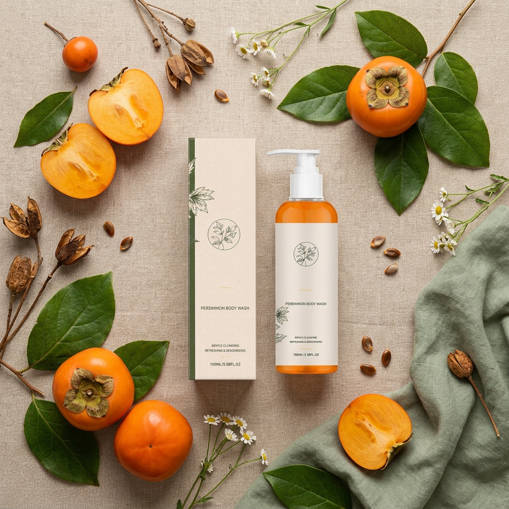 Persimmon Body Wash — Autumn Botanical Flat Lay
