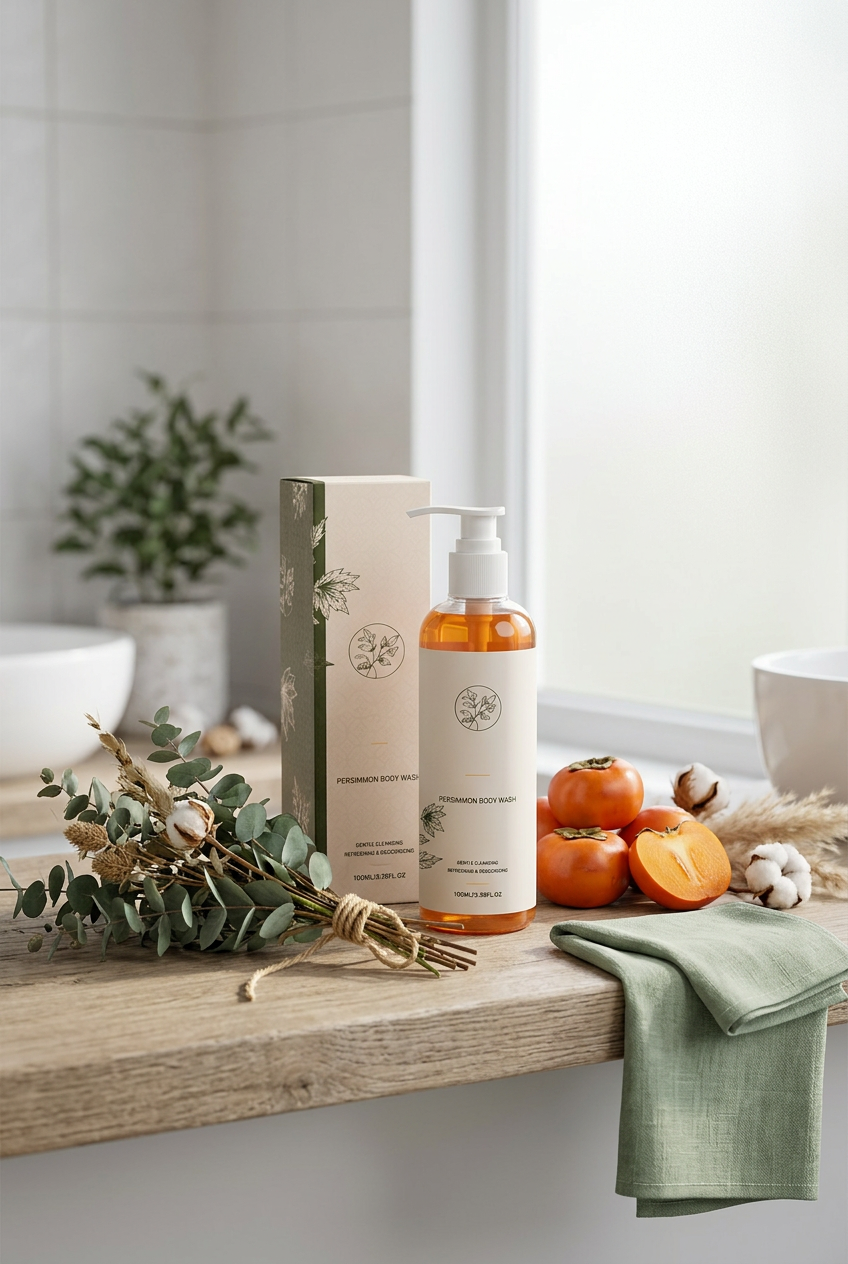 Persimmon Body Wash — Botanical Bathroom Shelf Lifestyle