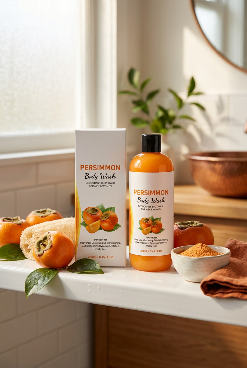 Persimmon Body Wash — White Bathroom Lifestyle