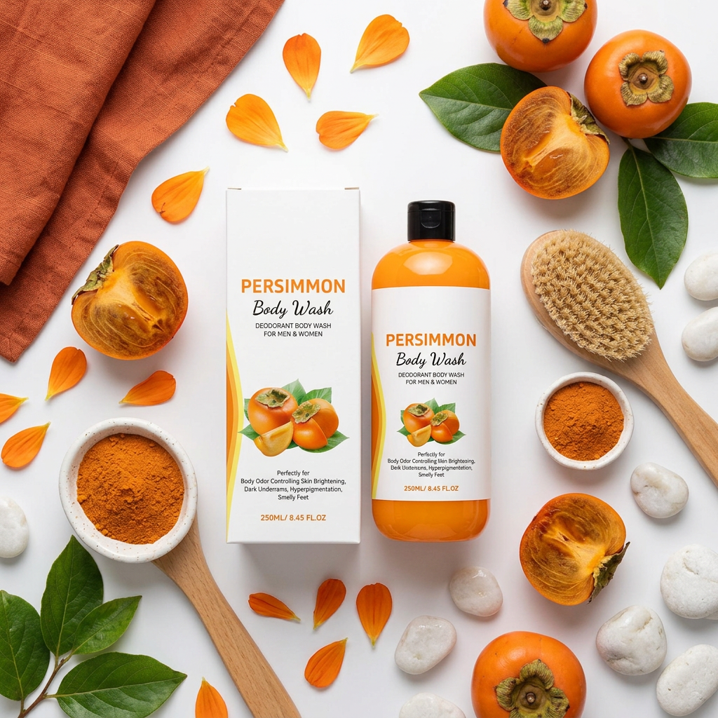 Persimmon Body Wash — White Flat Lay Botanical