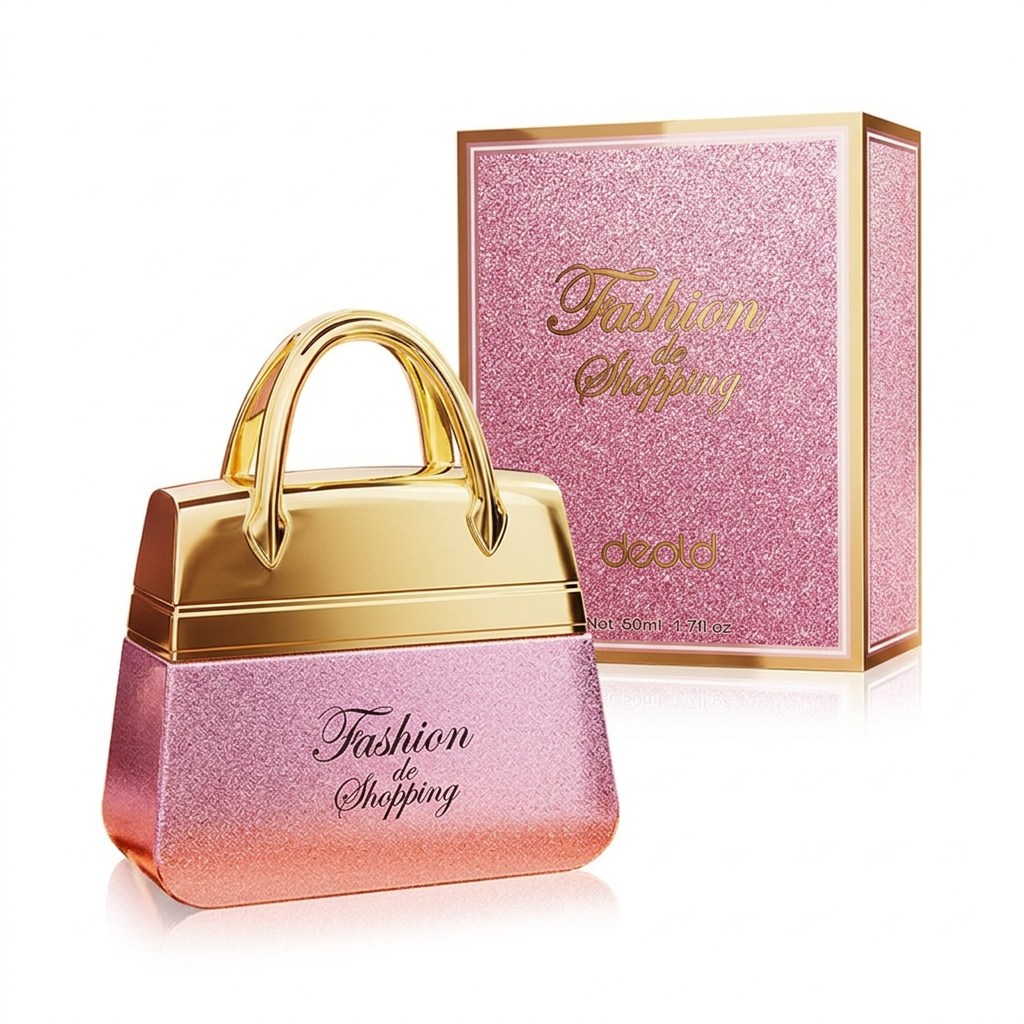 Pink handbag-shaped perfume and carton on pure white