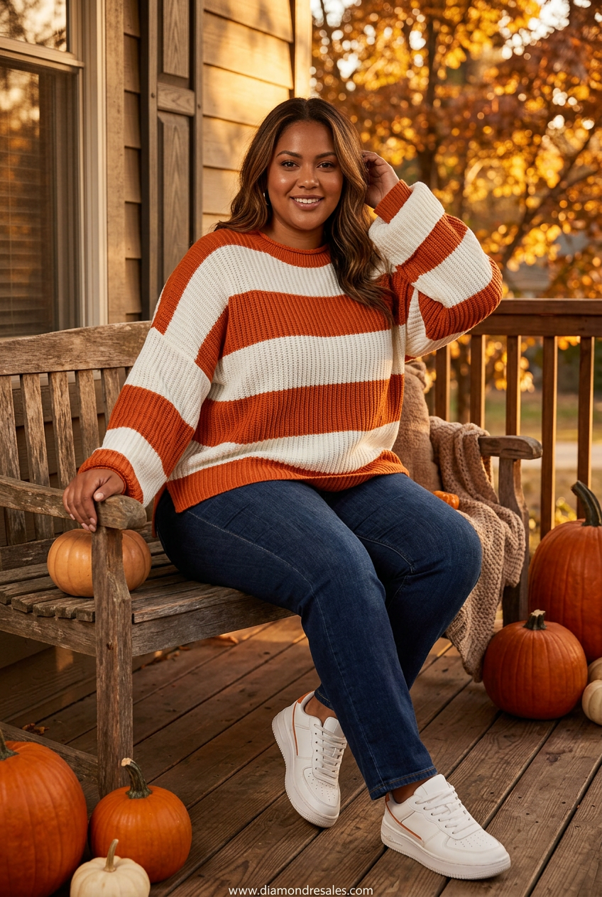 Plus-size Latina woman in orange batwing sweater