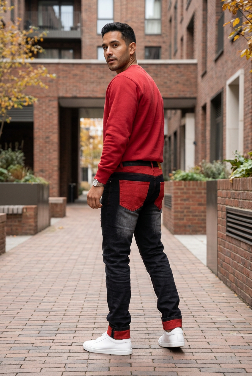 Rear lifestyle view showing the red back pockets