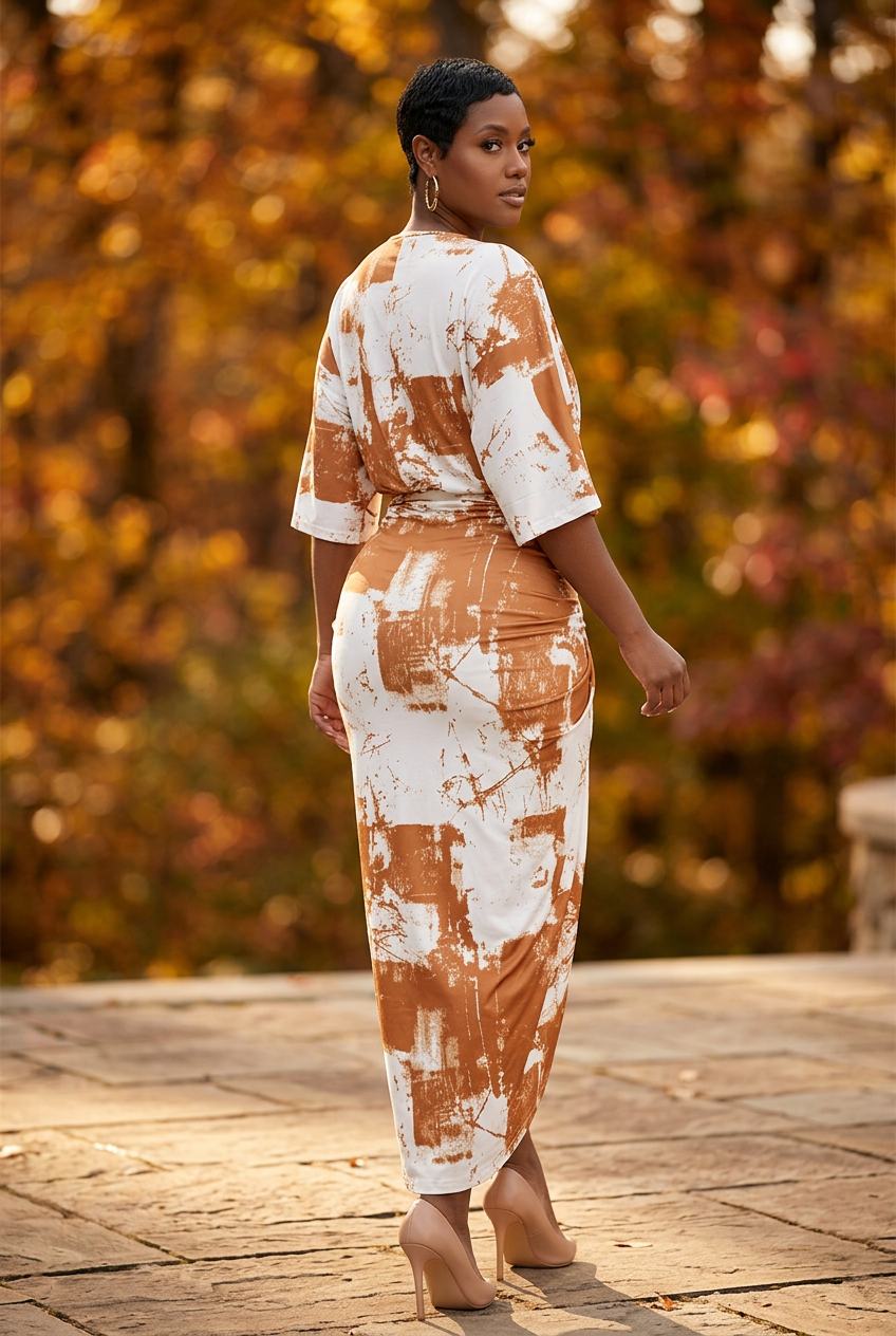 Rear three-quarter view of the caramel and white dress