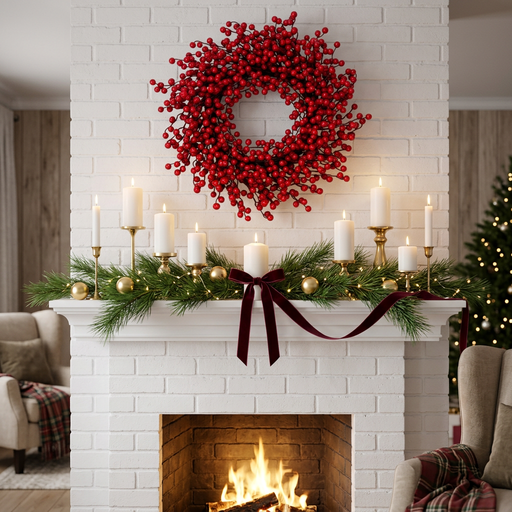 Red Berry Wreath — Fireplace Mantel Lifestyle