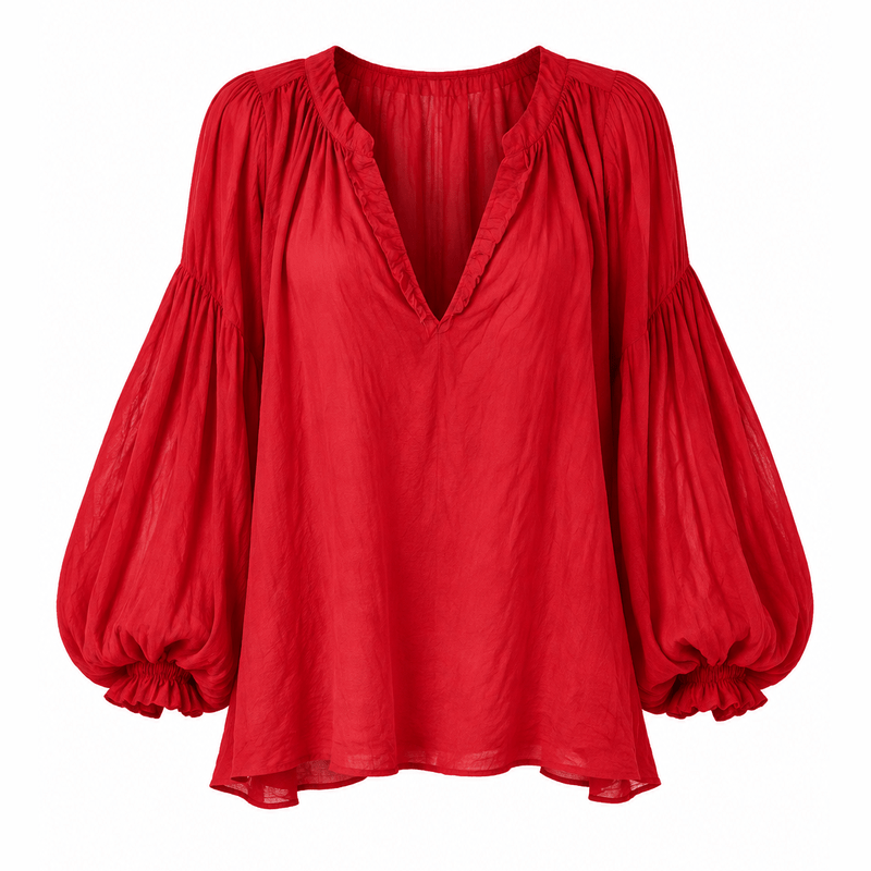 Red Boho Balloon Sleeve Blouse – White Background
