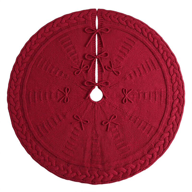 Red knitted Christmas tree skirt with cable-knit edging, raised tree motifs, and tie closures