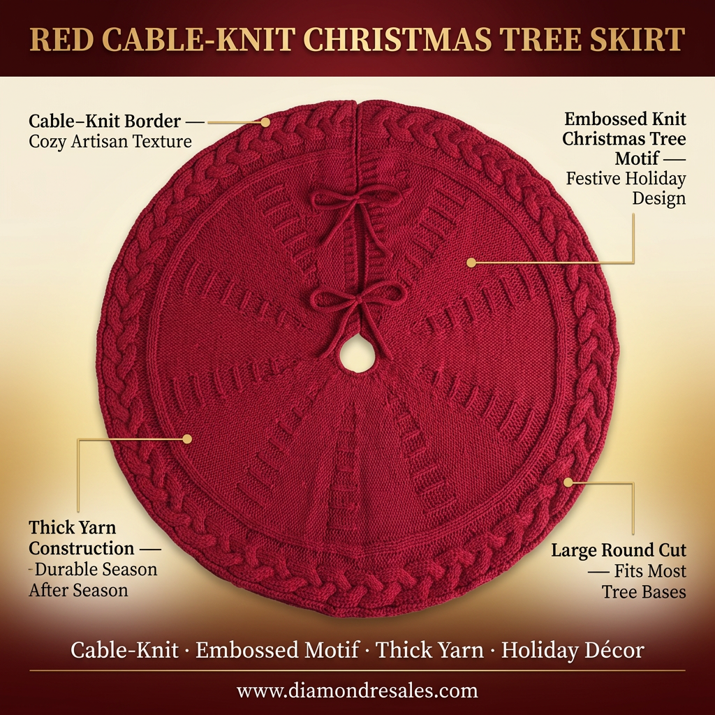 Red cable-knit Christmas tree skirt with callouts showing the border, tree pattern, and yarn texture