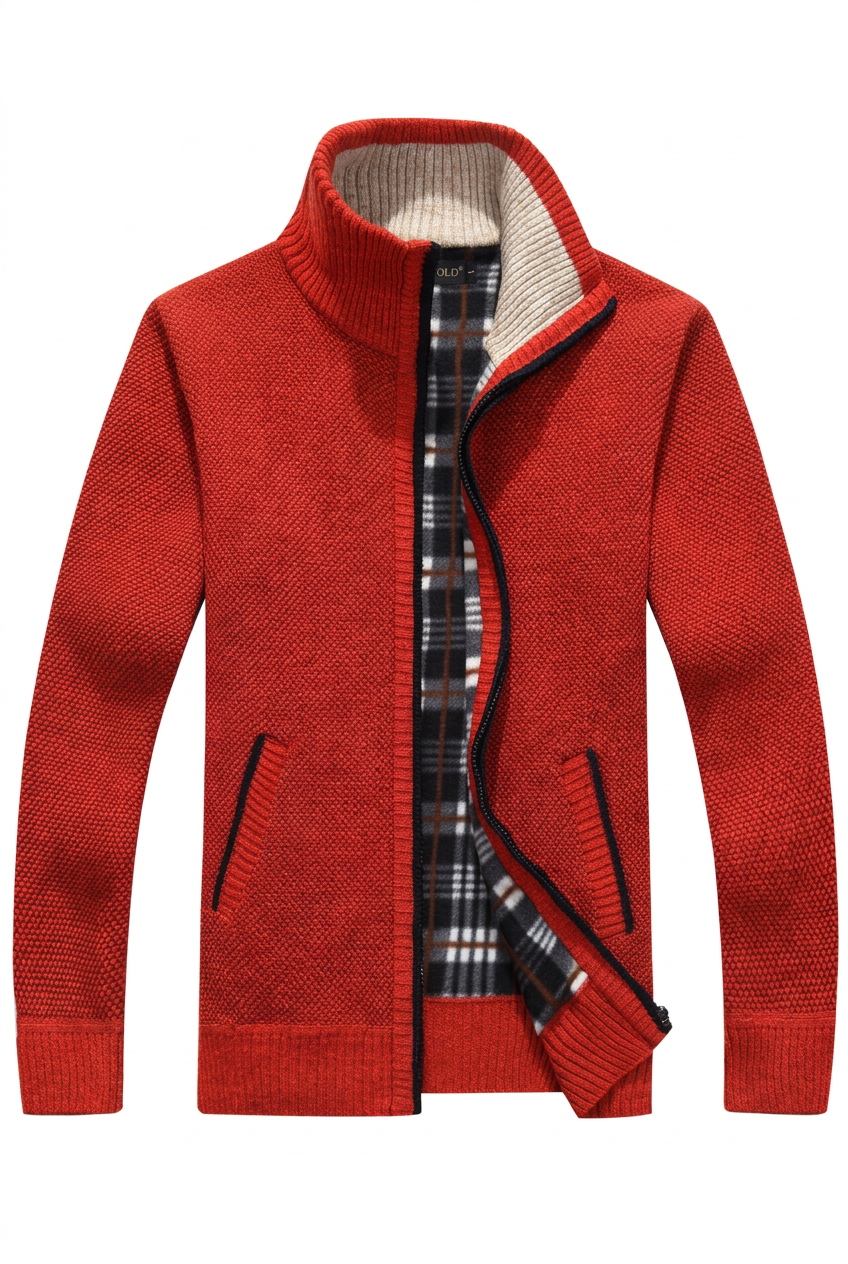 Red knit jacket on an invisible mannequin against white