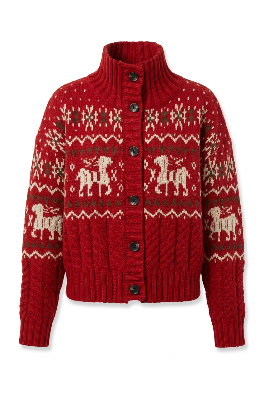 Red reindeer cardigan on an invisible mannequin against a white background