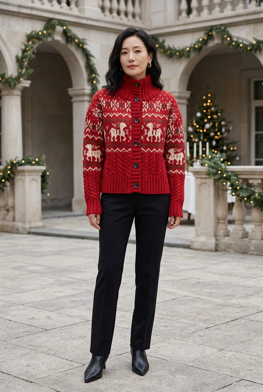 Red reindeer cardigan styled with black trousers in a festive courtyard