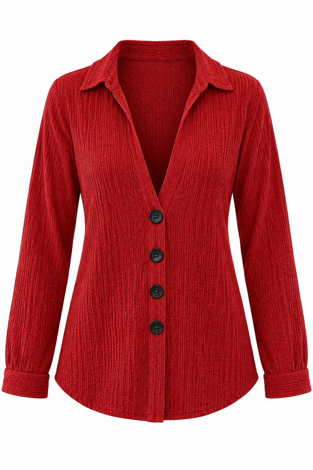 Red Ribbed Button-Down Top – White Background