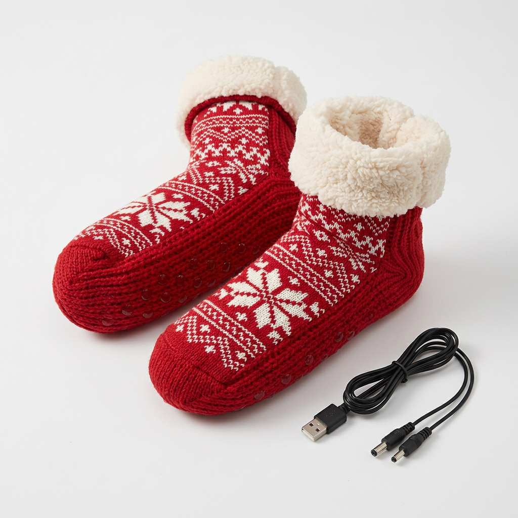 Red snowflake-patterned lounge socks with white plush cuffs and a USB cable