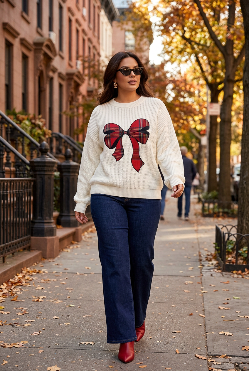 Model walking on an autumn city street in the off-white Ribbon Social plaid-bow sweater, dark jeans and red boots