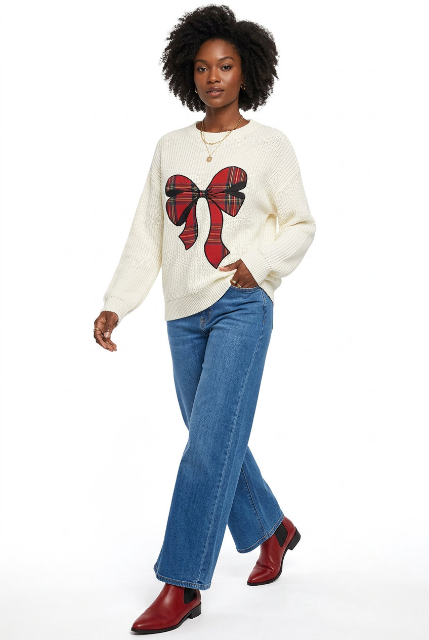 Model wearing the off-white Ribbon Social red plaid-bow sweater with wide-leg jeans and red boots on white