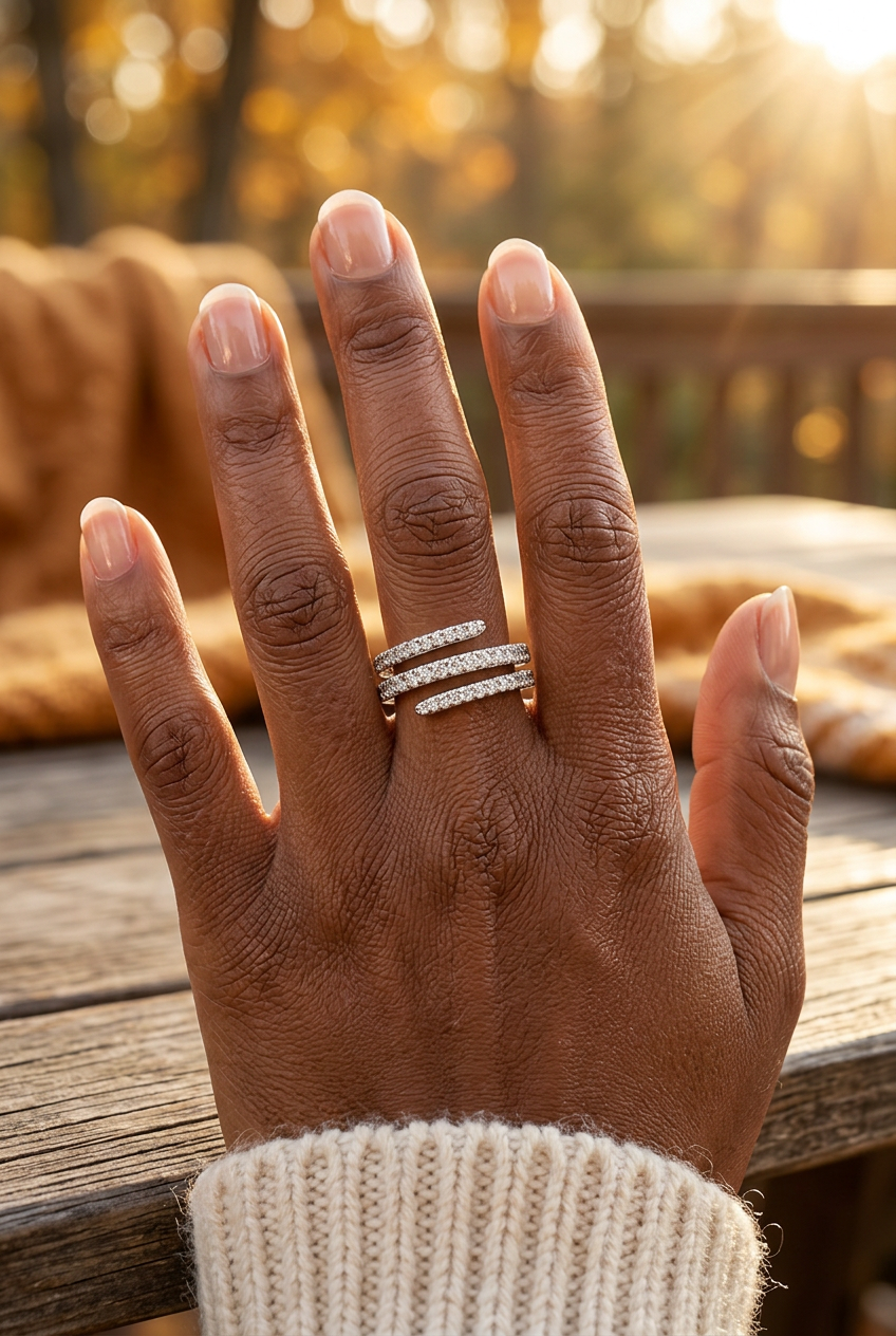 Diamond-set geometric silver ring on hand