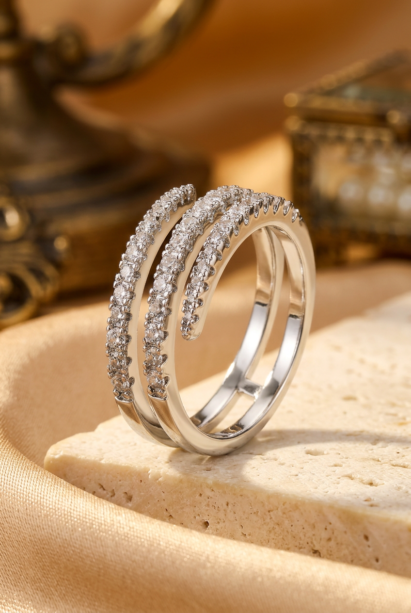 Pavé diamond silver ring on stone