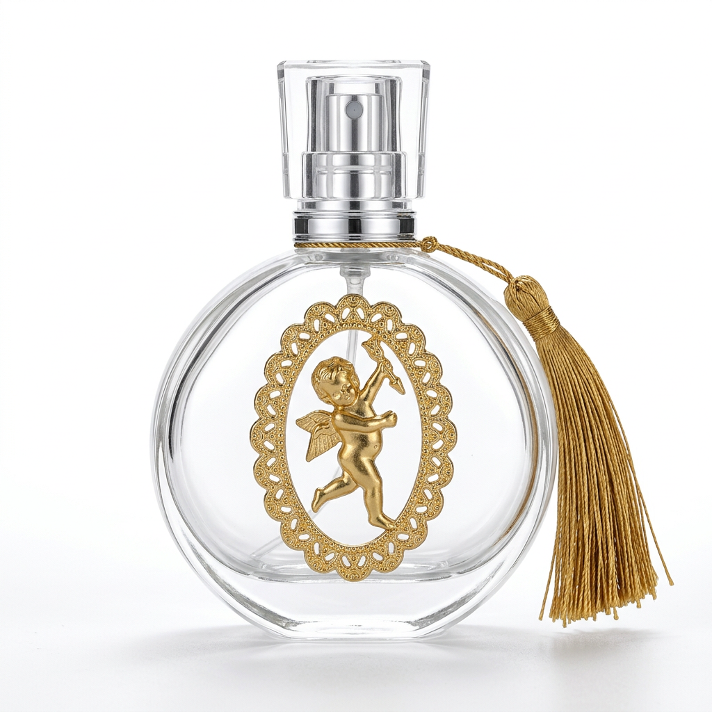 Round decorative perfume bottle on pure white