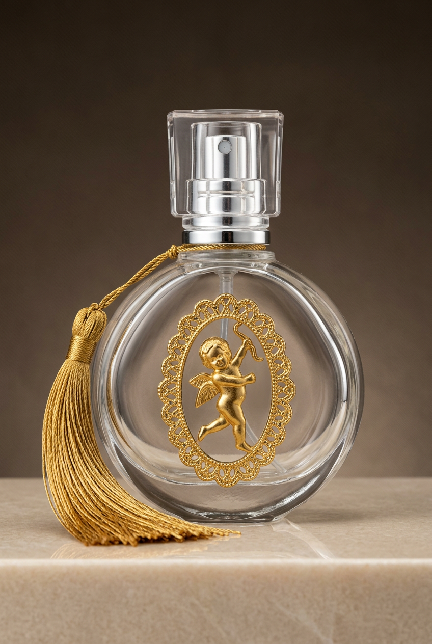Round decorative perfume bottle with gold cherub detailing