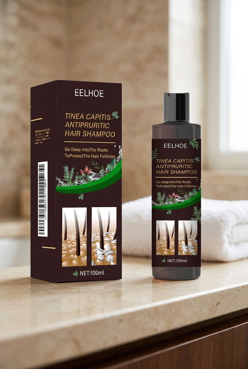 Shampoo bottle and carton styled on a bathroom counter