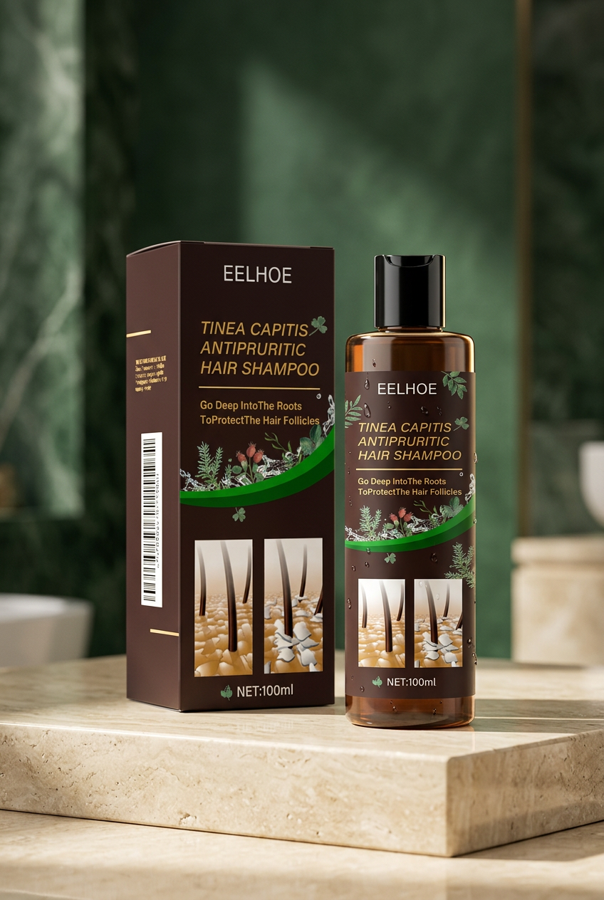 Shampoo campaign hero with dramatic lighting, ivory stone, and a deep green backdrop