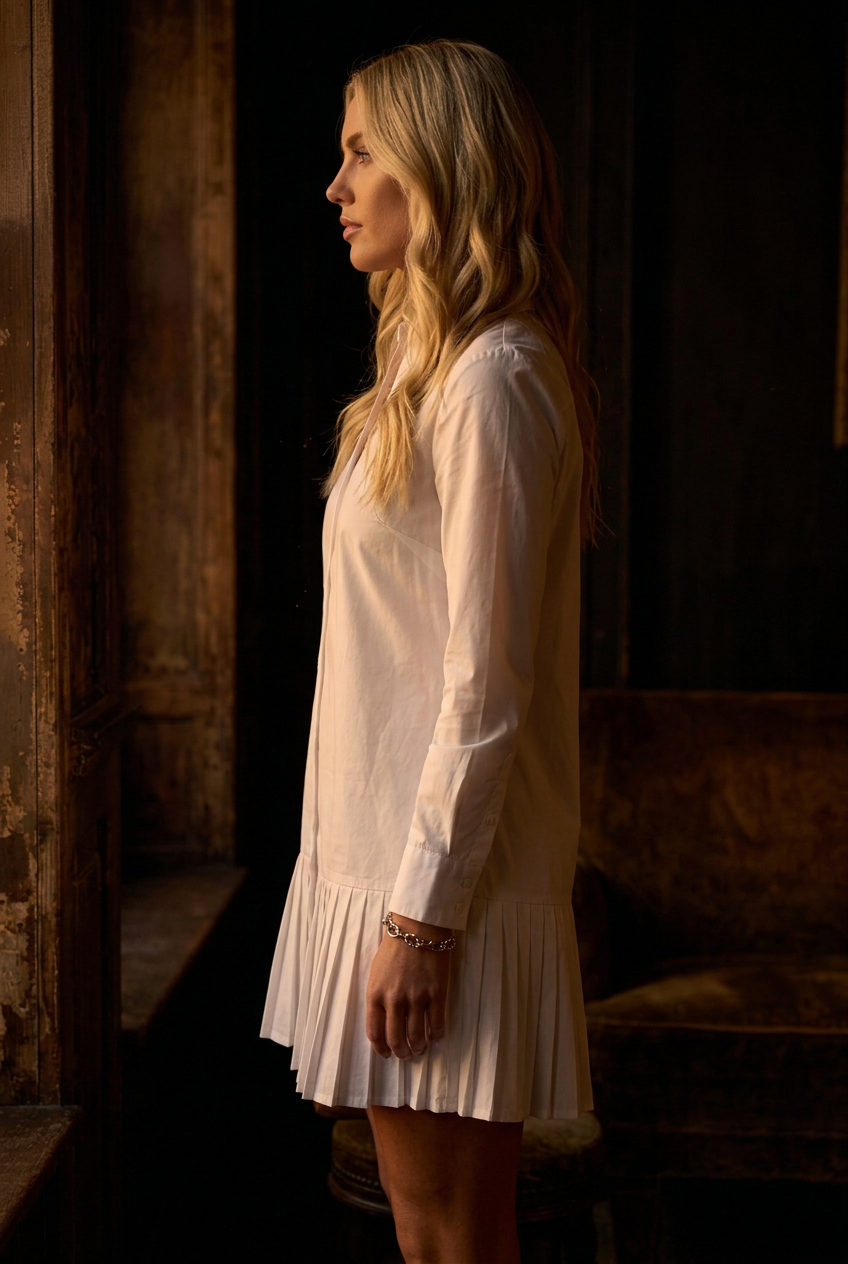 Side View — Same Model, White Dress, Moody Lighting