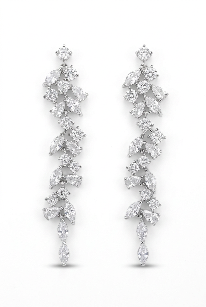 Silver-tone cascading earrings on a clean white background