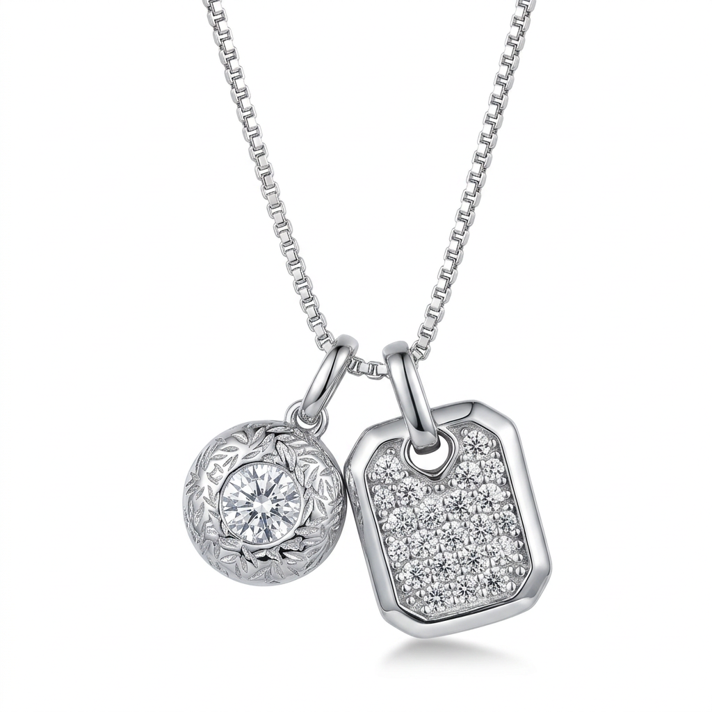 Silver-tone two-pendant necklace on pure white