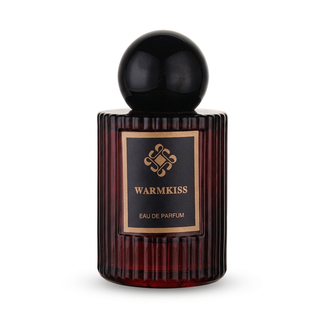Single dark WARMKISS bottle on pure white