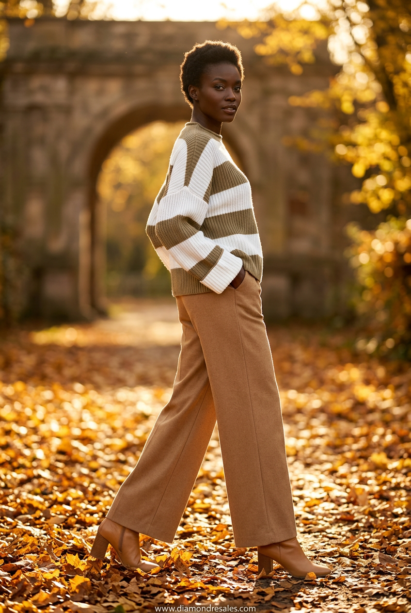 Slim Black woman in khaki batwing sweater
