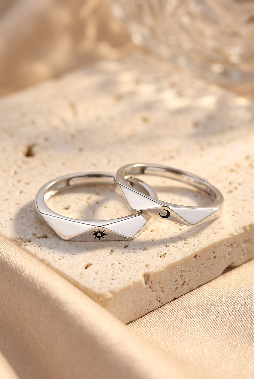 Sun-and-moon rings styled together on ivory stone