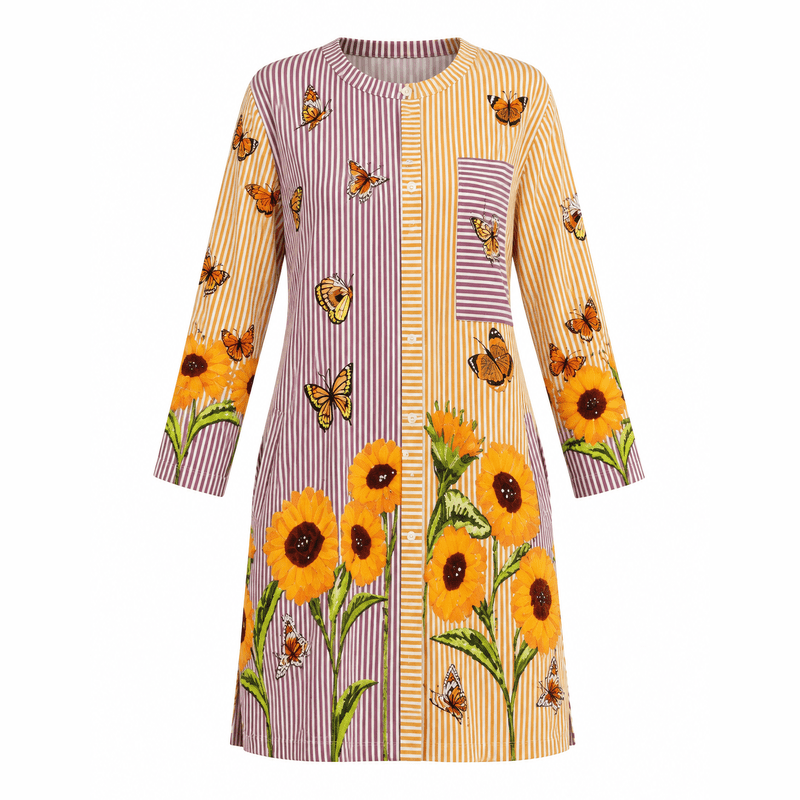 Sunflower Butterfly Striped Tunic – White Background, No Model