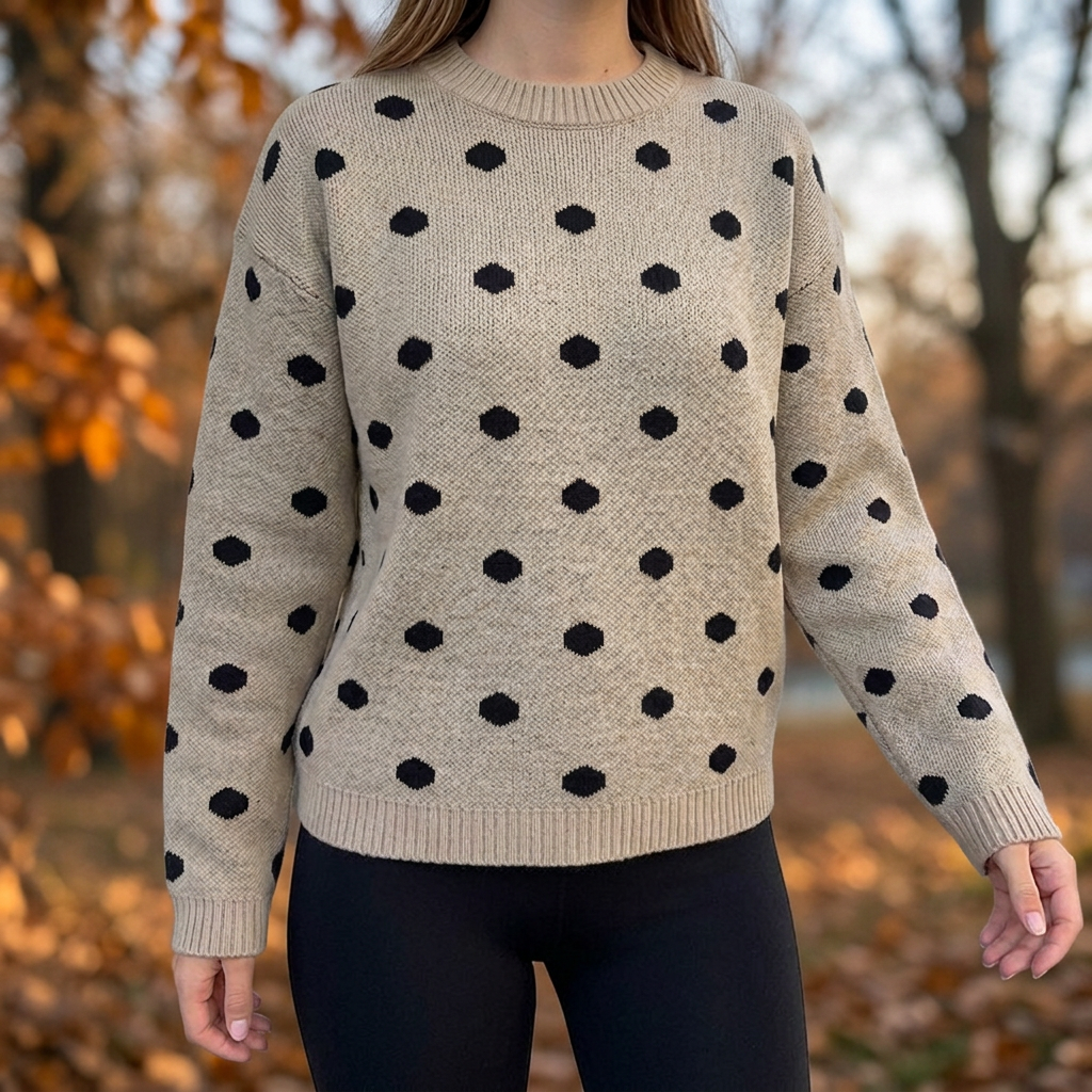 Sweater detail with black leggings and an autumn backdrop