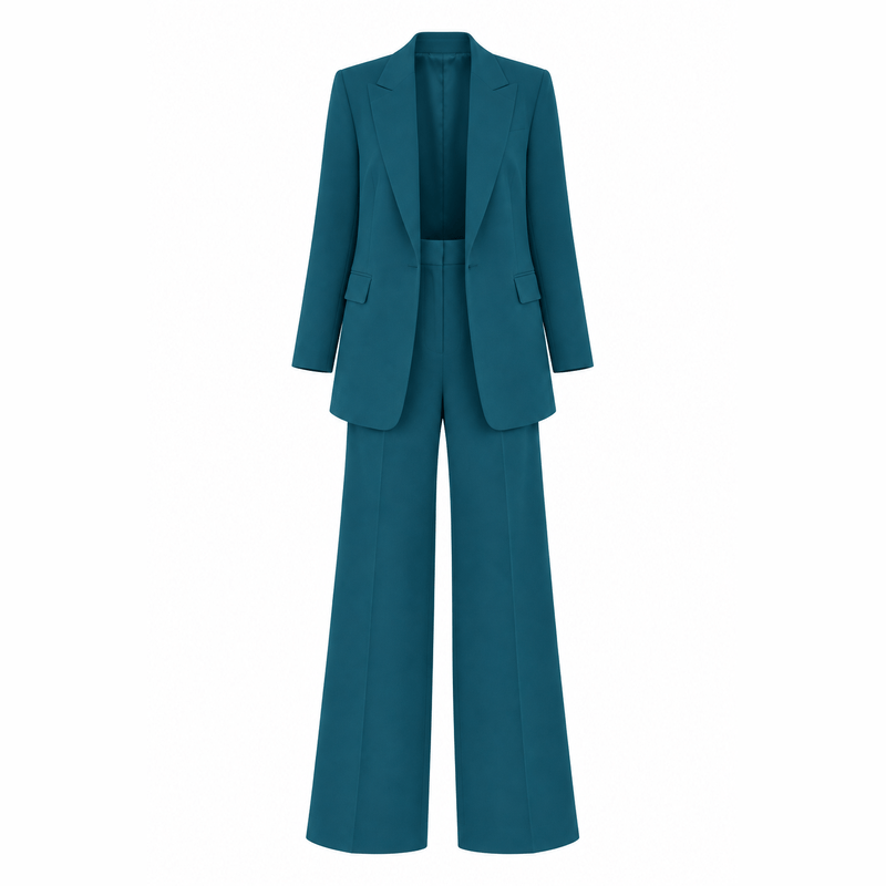Teal Blue Blazer & Wide-Leg Pants Set – White Background