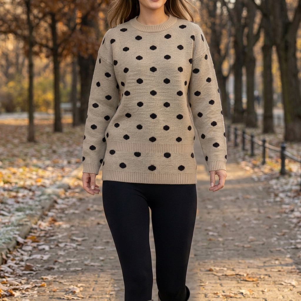 Tighter sweater-focused image with the active pose and fall background