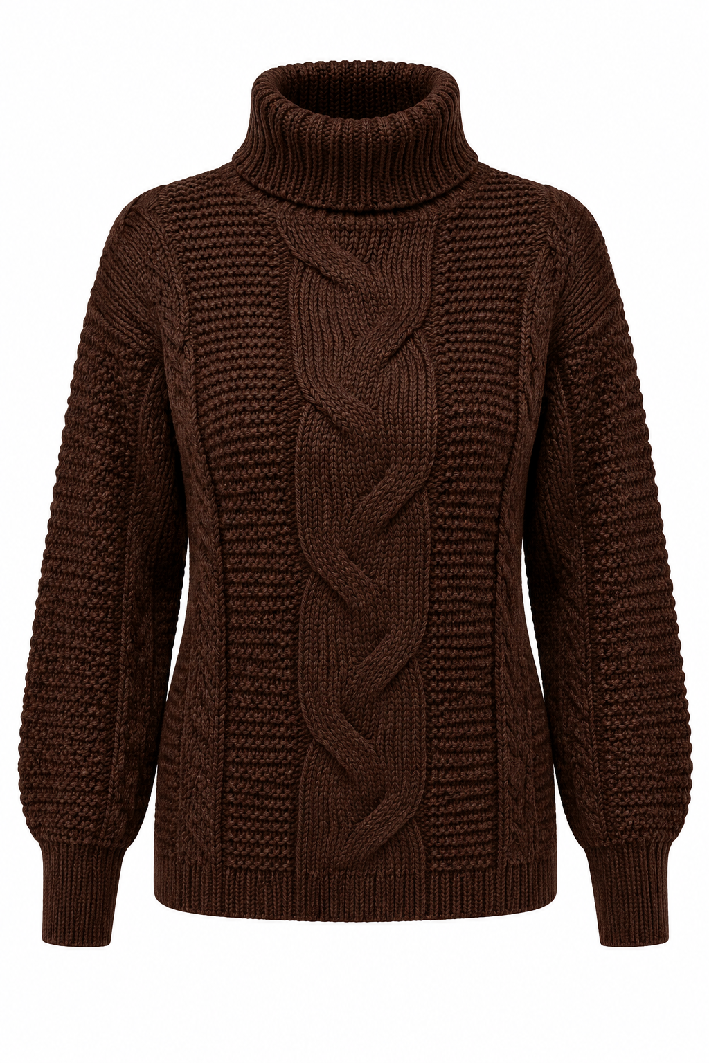 Turtleneck Cable-Knit – Brown, White Background