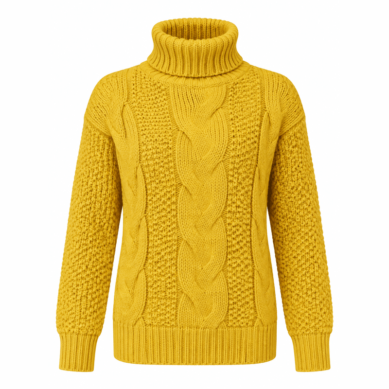 Turtleneck Cable-Knit – Yellow, White Background