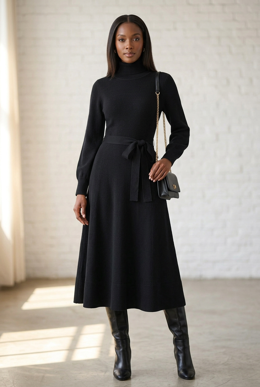 Turtleneck Knit Midi Dress – Black Styled