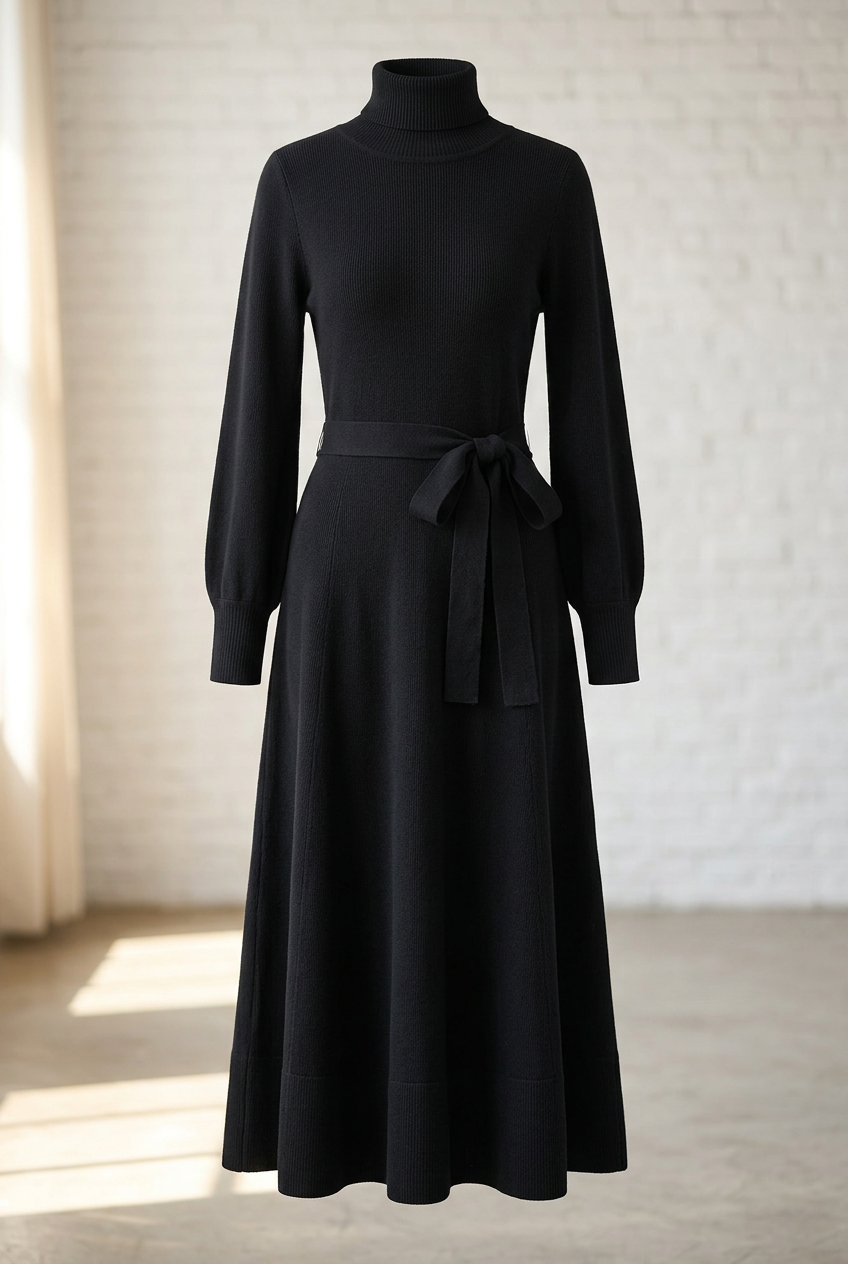 Turtleneck Knit Midi Dress – Black