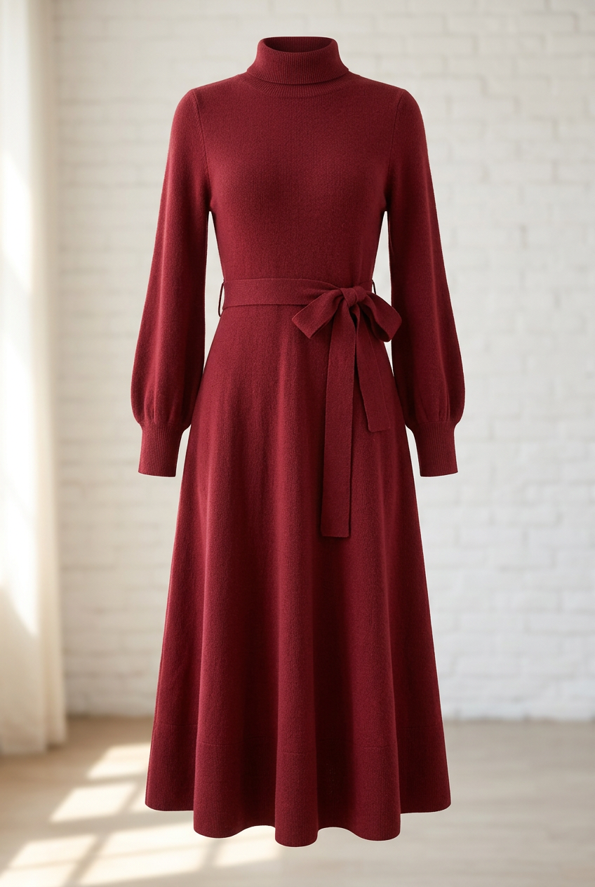 Turtleneck Knit Midi Dress – Burgundy