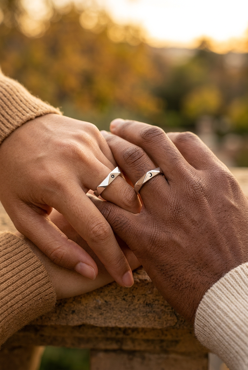 Two partners wearing the complementary sun-and-moon rings
